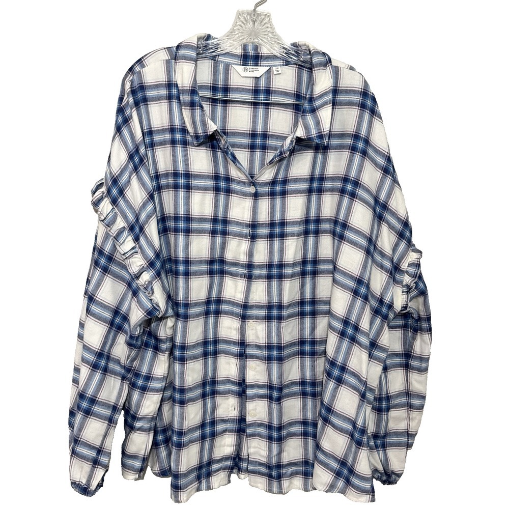 Candace Cameron Bure Blue Plaid Ruffle Shoulder Button Down Shirt‎ Plus Size 3X